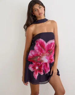 Lilira Mini Dress in Purple Chiffon with Desert Flower