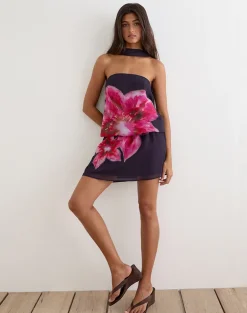 Lilira Mini Dress in Purple Chiffon with Desert Flower