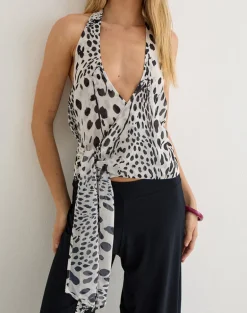 Lilita Halterneck Top in Dalmatian Skin Black and Ivory