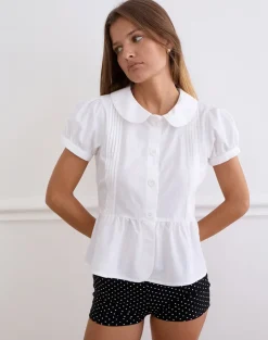 Linde Blouse with Peplum Hem in Poplin White