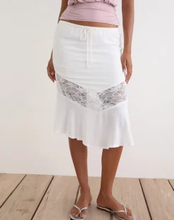 Linus Midi Skirt with Lace Panel in Crinkle Off White