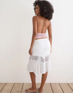 Linus Midi Skirt with Lace Panel in Crinkle Off White