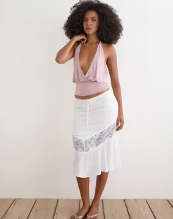 Linus Midi Skirt with Lace Panel in Crinkle Off White
