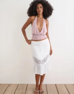Linus Midi Skirt with Lace Panel in Crinkle Off White