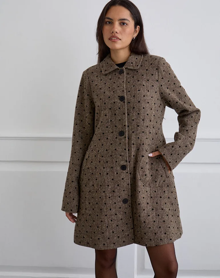 Lirena Longline Coat in Polka Brown