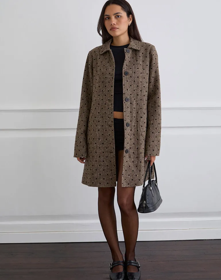 Lirena Longline Coat in Polka Brown