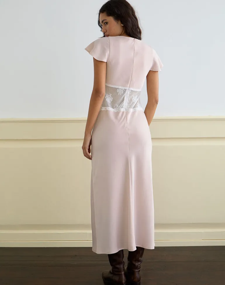 Lirenda Midi Dress in Satin Baby Pink