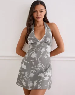 Liri Halterneck Mini Dress in Blurred Floral Grey