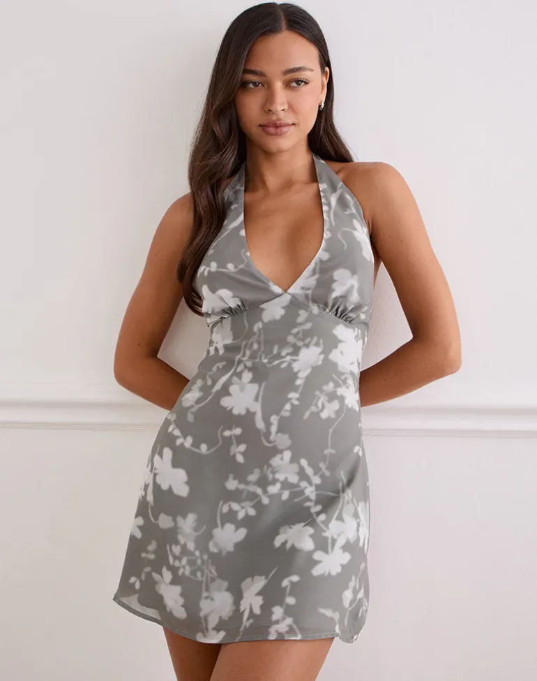 Liri Halterneck Mini Dress in Blurred Floral Grey