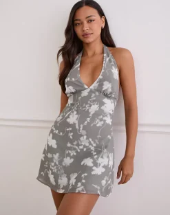 Liri Halterneck Mini Dress in Blurred Floral Grey