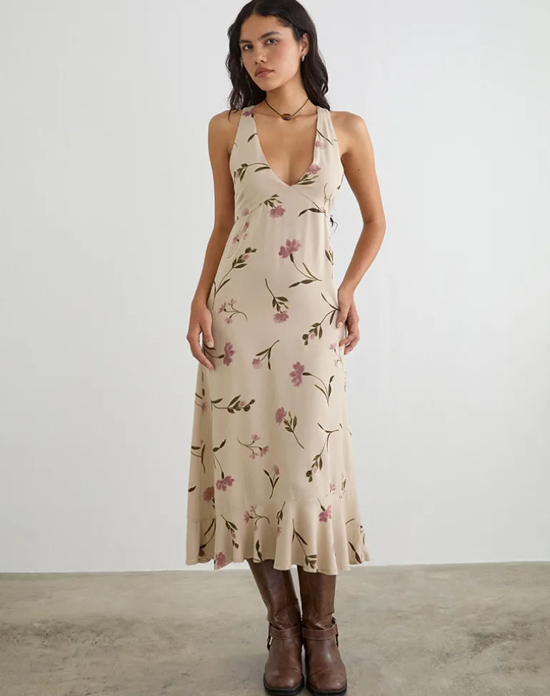 Lisandy Midi Dress in Bloom Leafy Taupe