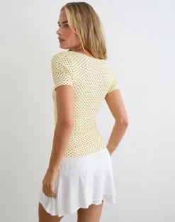 Lobos Crossover Top in Butter Yellow with Micro Polka Dots