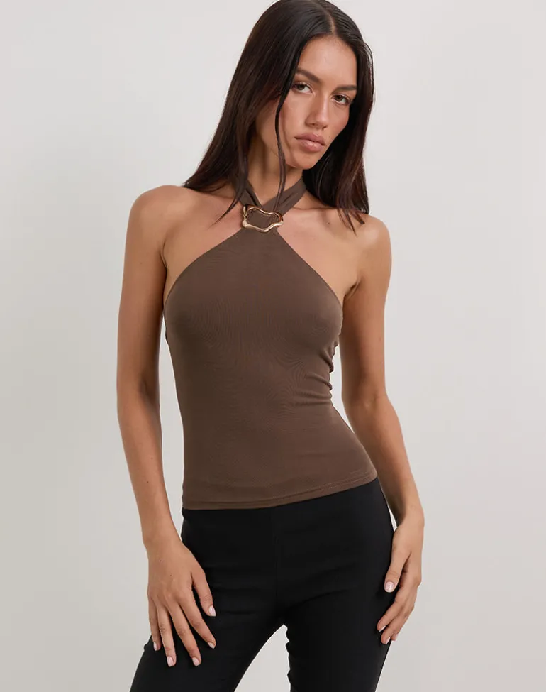 Lorie Halter Top in Cupro Bitter Chocolate