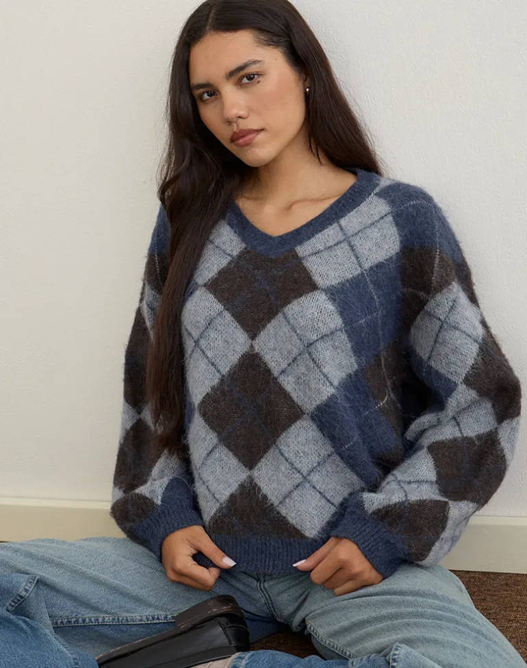 Louna Jumper in Knit Argyle Check Navy