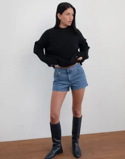 Low Rise Denim Hot Pants in Bay Blue