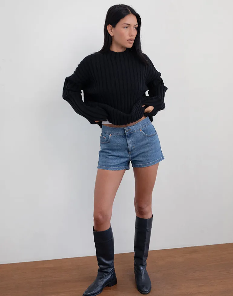 Low Rise Denim Hot Pants in Bay Blue