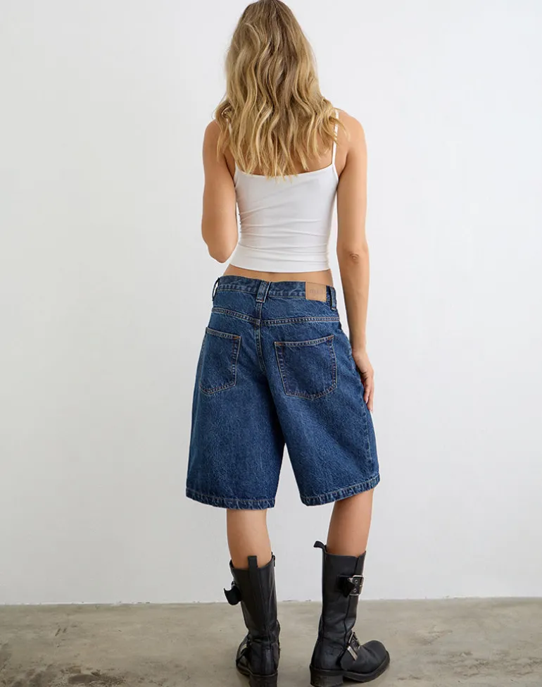 Low Rise Denim Skater Short in Mid Blue Used