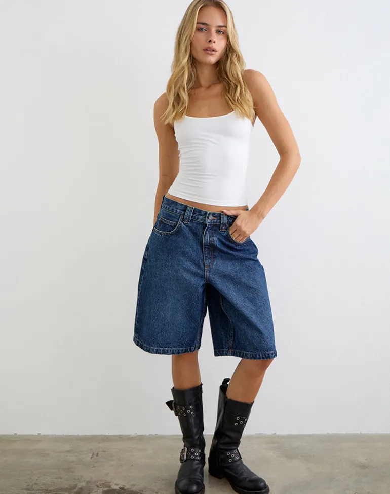 Low Rise Denim Skater Short in Mid Blue Used