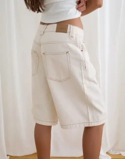 Low Rise Denim Skater Short in Off White