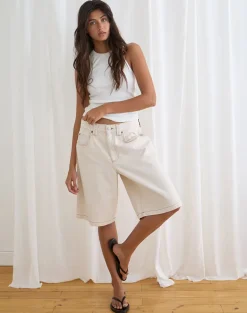 Low Rise Denim Skater Short in Off White