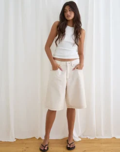 Low Rise Denim Skater Short in Off White