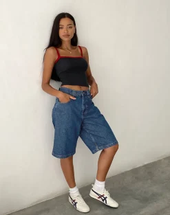 Low Rise Denim Skater Short in Core Blue Stone