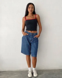 Low Rise Denim Skater Short in Core Blue Stone