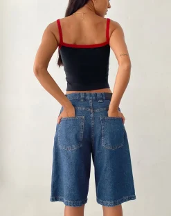 Low Rise Denim Skater Short in Core Blue Stone