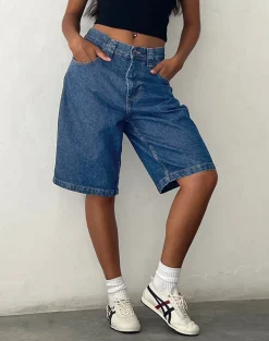 Low Rise Denim Skater Short in Core Blue Stone