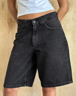 Low Rise Denim Skater Short in Washed Black Grey