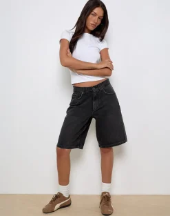 Low Rise Denim Skater Short in Washed Black Grey