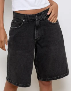 Low Rise Denim Skater Short in Washed Black Grey