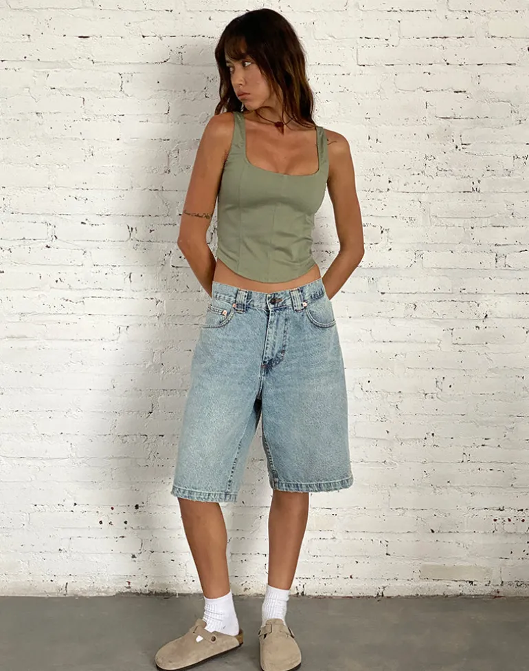 Low Rise Denim Skater Shorts in Bleach Denim