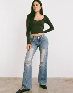 Low Rise Twisted Seam Ripped Jean in True Blue