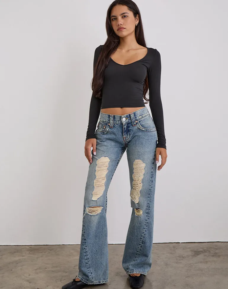 Low Rise Twisted Seam Ripped Jean in True Blue
