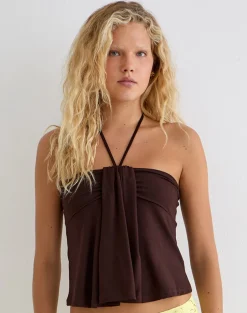 Lue Halterneck Top in Rayon Jersey Chocolate Brown