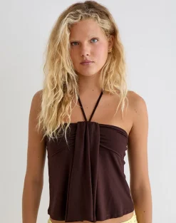 Lue Halterneck Top in Rayon Jersey Chocolate Brown