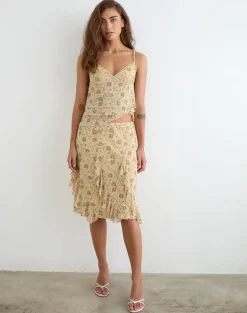 Luisa Midi Skirt in Winding Ivy Pale Yellow
