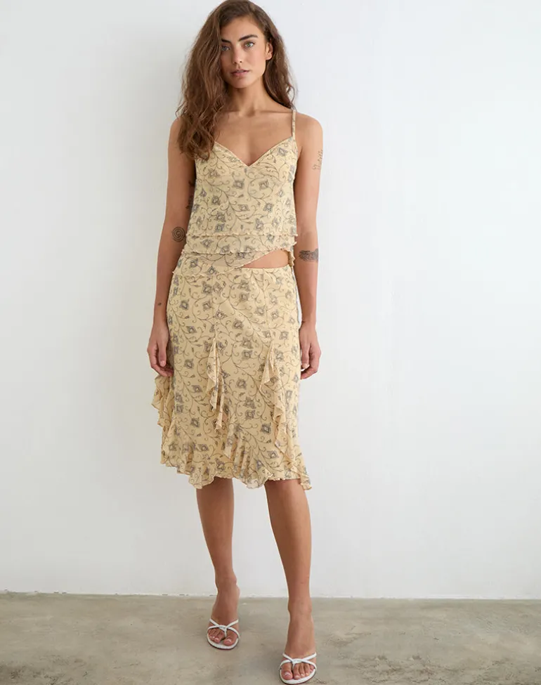 Luisa Midi Skirt in Winding Ivy Pale Yellow