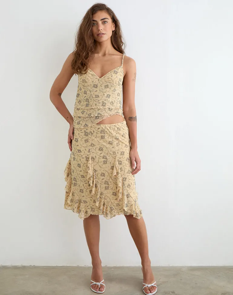 Luisa Midi Skirt in Winding Ivy Pale Yellow