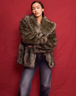 Lupita Jacket in Faux Long Fur Brown