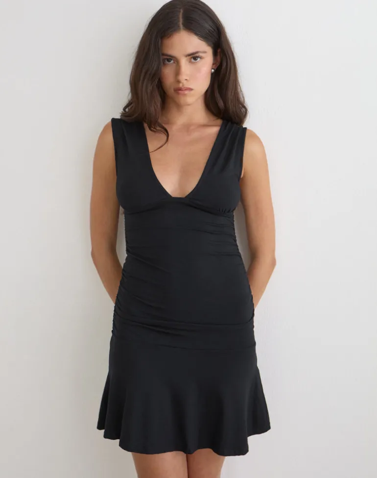 Luscian Plunge Mini Dress in Black