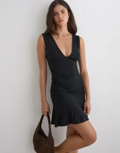 Luscian Plunge Mini Dress in Black