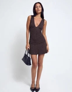 Luscian Plunge Mini Dress in Micro Polka Brown