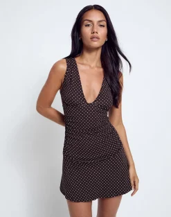 Luscian Plunge Mini Dress in Micro Polka Brown