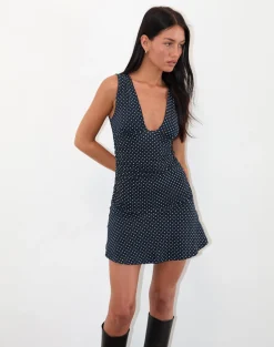 Luscian Plunge Mini Dress in Micro Polka Navy
