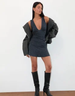 Luscian Plunge Mini Dress in Micro Polka Navy