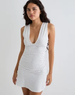 Luscian Plunge Mini Dress in White with Micro Polka Black
