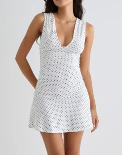 Luscian Plunge Mini Dress in White with Micro Polka Black