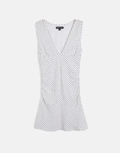 Luscian Plunge Mini Dress in White with Micro Polka Black